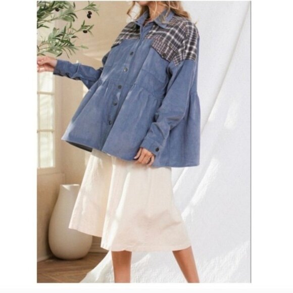 Womens Blue Corduroy & Plaid Button-Up Peplum Shirt Jacket-SIZE: LARGE-NEW - Picture 4 of 4